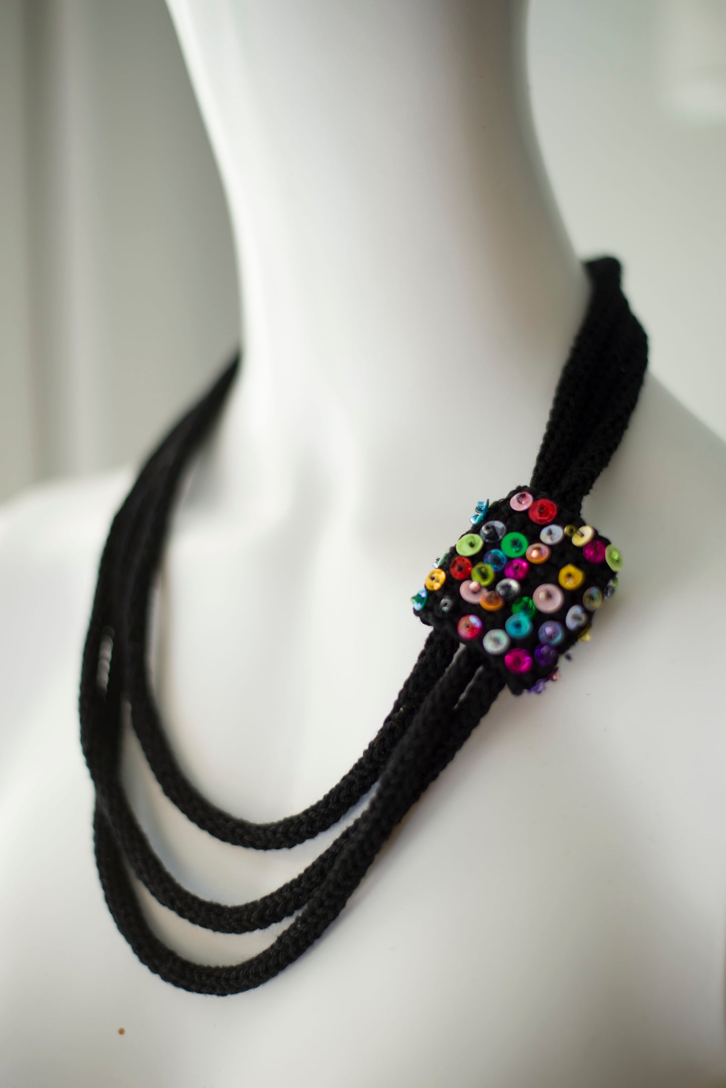 Black cotton necklace with colorful beads