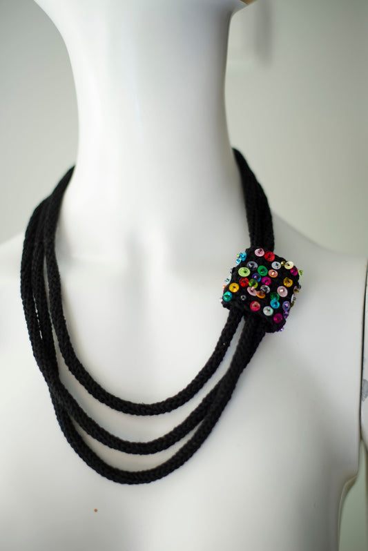 Black cotton necklace with colorful beads